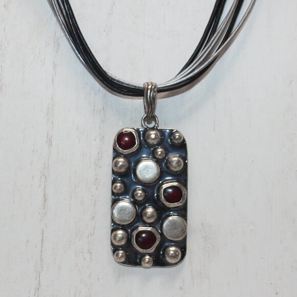 Chico's Melatlic Modern Art and Garnet Medalion Necklace - Picture 2 of 10
